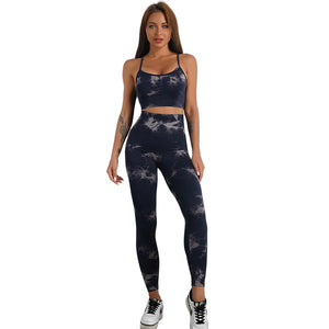Women's tie-dye print yoga set with high waist shorts or trousers in various colors