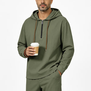 Men's linen hooded half-zip sweatshirt in various colors and sizes
