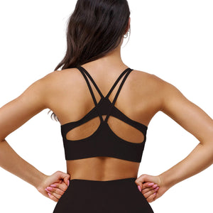 Women's medium-high support sports bra in various colors with push-up design