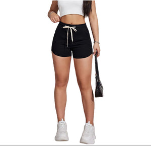 Plus size black A-line drawstring denim shorts for women
