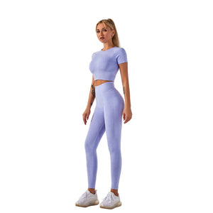 Seamless women's fitness yoga set in multiple colors including grey, pink, and blue