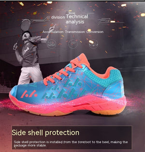 Men's badminton training shoes in blue, sky blue pink, red, and green with mesh upper and rubber sole
