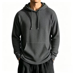 Men's relaxed-fit waffle knit hooded jacket in navy blue with raglan sleeves