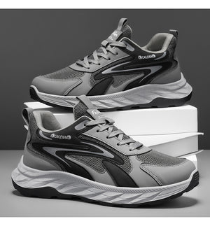 Men's black and gray soft sole anti-slip walking shoes with mesh upper