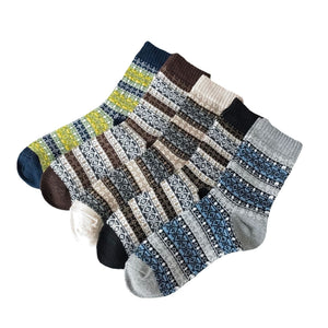 Vintage ethnic-style men's wool winter socks in assorted color block patterns