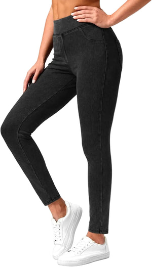 High waist slimming sports pants with double pockets in light blue, dark blue, and black colors