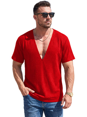 Mens waffle weave deep V short sleeve t-shirt in navy blue