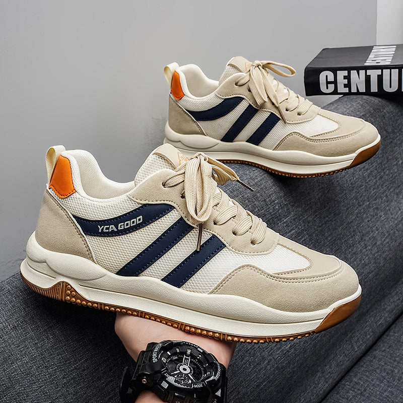 Men's wide toe Cortez-style sneakers in beige orange and black khaki with rubber outsole