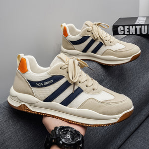 Men's wide toe Cortez-style sneakers in beige orange and black khaki with rubber outsole