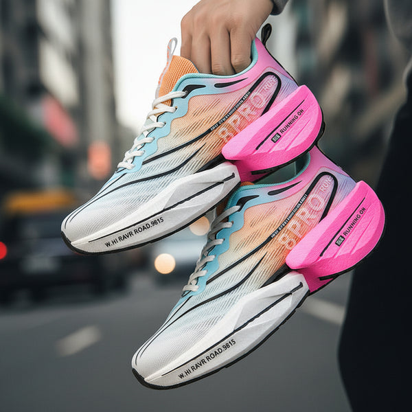 Carbon-plate shock-absorbing running shoes in multiple colors with breathable mesh and rubber outsole