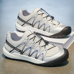 Men's lightweight breathable mesh summer sneakers in black, white gray, and silver blue