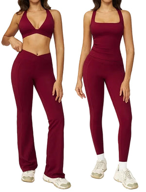 Naked feel slim-fit yoga set for women in cherry red and coffee color, sleeveless vest and pants