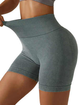 Women's breathable hip-lifting fitness shorts in light coffee, modern grey, and wild green colors
