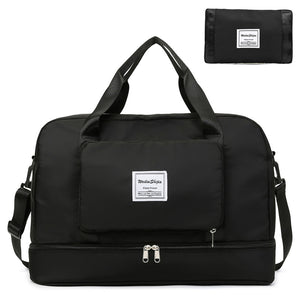 Foldable travel duffel bag in multiple colors with shoe storage and multiple pockets