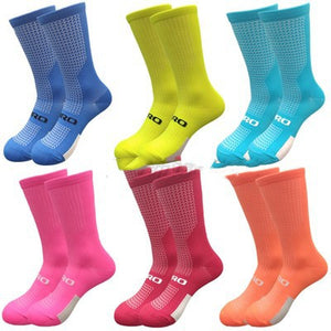 Cycling sports socks available in multiple colors including blue, white, pink, cyan, black, orange, red, and green