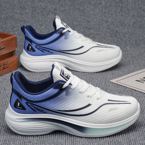 Men's summer fly knit mesh dad sneakers in black, blue, and gray with breathable mesh and rubber sole