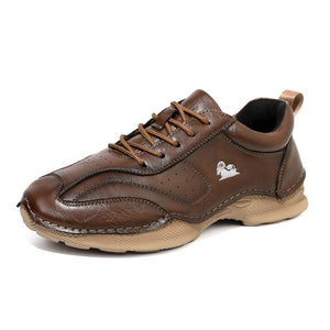 Men's casual flat leather slip-on shoes in multiple colors with stitched rubber outsole