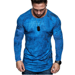 Men's long sleeve t-shirt in blue, grey, and red colors made from milk silk fabric