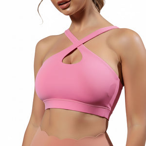 One-shoulder bare-feel sports bra in various colors with medium cup and halter neck straps