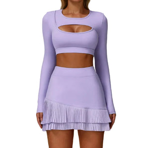 Women's slim fit long sleeve top and skirt sports set in blue and lilac purple