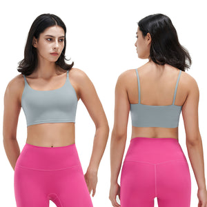 Women's strappy padded sport bra with square neckline and removable pads