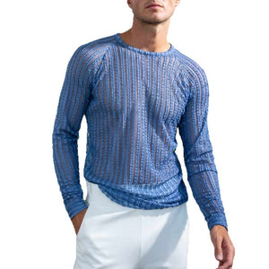 Men's blue textured striped loose-fit long-sleeve t-shirt
