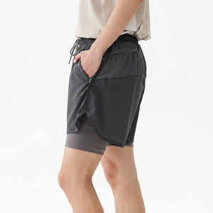 Men's elastic waist outdoor running shorts in various colors including Peachheart Red, Khaki, Dark Gray, and Taro Purple
