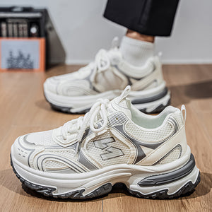 Men's chunky dad sneakers in beige, gray, and silver with breathable mesh and thick sole