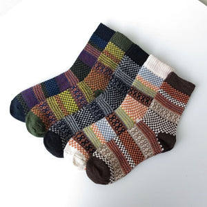 Vintage ethnic-style men's wool winter socks in assorted color block patterns