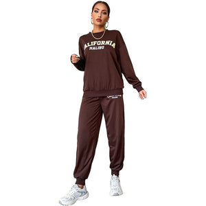 Letter-printed coffee brown two-piece women's sweatshirt and trouser sports set