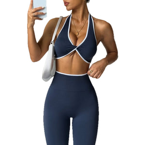 Neck-strap knotted open-back top and yoga pants set for women in multiple colors