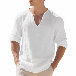 Men's linen v-neck long sleeve shirt in various colors