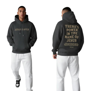 Gray cotton pullover hoodie with loose fit displayed from front and side views