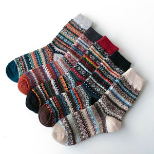 Vintage ethnic-style men's wool winter socks in assorted color block patterns