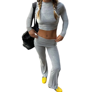 Women's solid color fitness yoga two-piece set with round neck top and bootcut trousers in dark gray, black, and light gray