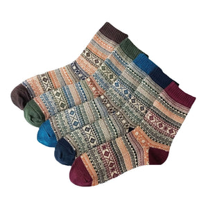 Vintage ethnic-style men's wool winter socks in assorted color block patterns