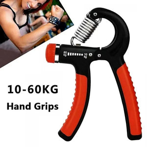 Adjustable hand grip strength trainer in black and red with ergonomic design
