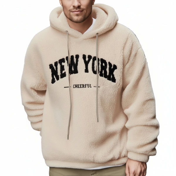Men's casual sporty hooded sweatshirt available in gray, khaki, black, and navy blue colors
