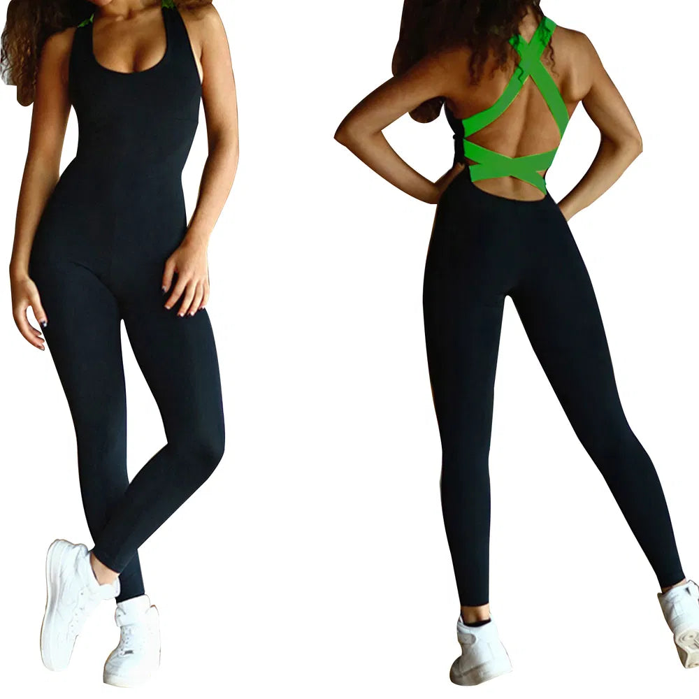 Women's yoga workout fitness jumpsuit in multiple colors with strapped back design