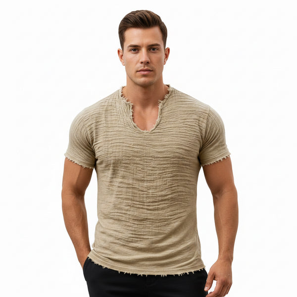 RETRO COTTON-LINEN V-NECK T-SHIRT WITH FEATHERED HEM