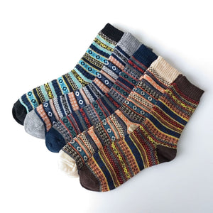 Vintage ethnic-style men's wool winter socks in assorted color block patterns