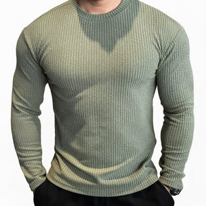 Men's slim fit waffle knit sweatshirt in black with textured pleated detailing