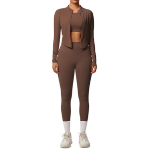 Breathable form-fitting women's workout three-piece activewear set in various colors