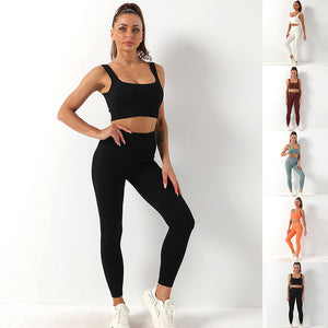 Seamless yoga set with high waist leggings and matching bra in various colors