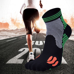 Moisture-wicking running socks in various colors and tube heights for men and women