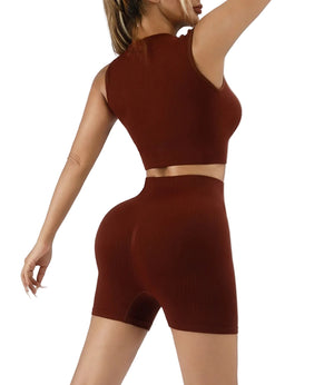 Women's 2-piece workout set with high-waisted tummy control shorts and sleeveless sports tank in multiple colors