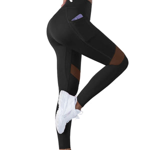 Black mesh stitching yoga cropped sports leggings with peach-hip contouring