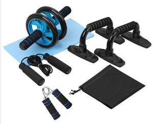 Push-up bracket gripper fitness set including AB roller, skipping rope, knee pad, and spring exerciser