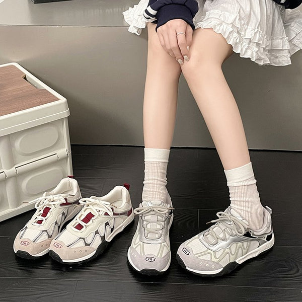 Women's retro color block mesh training shoes in grey and red with thick rubber sole