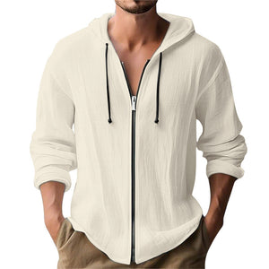 Linen hooded long-sleeve cardigan in various colors for casual wear